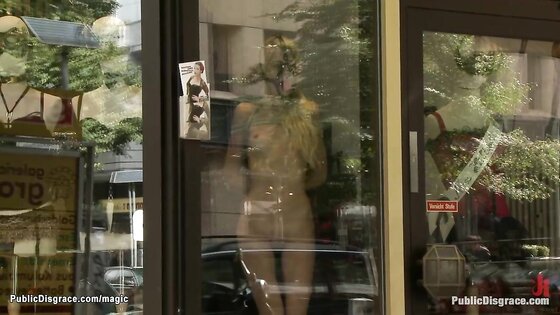 European blond bound in shop window