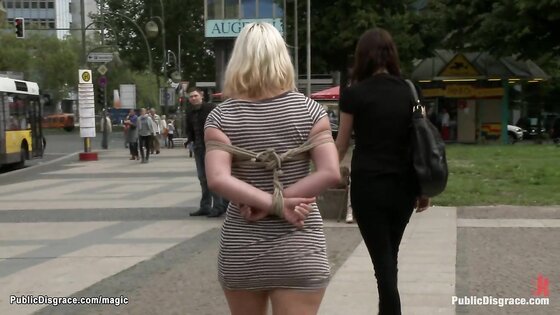 Bound Euro blond walked in public