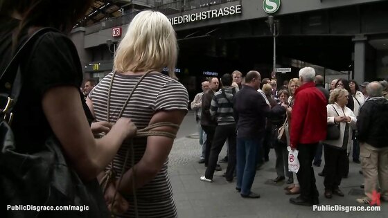 Bound Euro blond walked in public