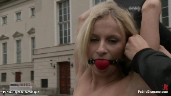 Euro blond deep throat in public