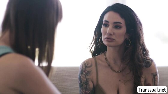 MILF tattooed gets her tits and pussy fucked by TS stepteen