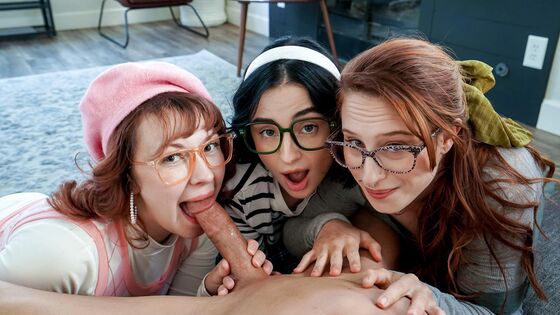 Busty nerdy gfs enjoying a big dick in foursome