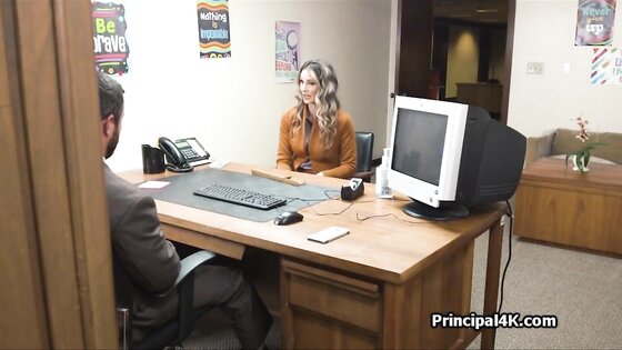 Busty housewife gags on principals dick at office