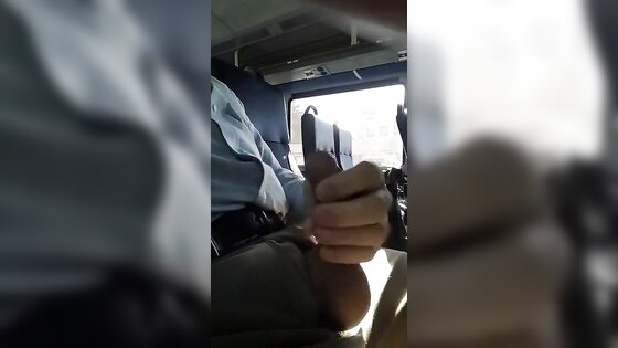 Jerked off on publc bus. Close up. Cum shot