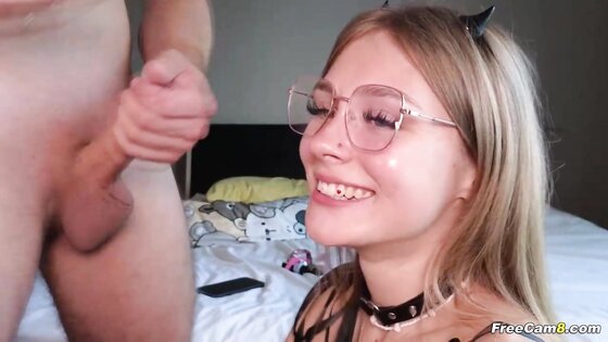 Nerdy Petite Babe Sucks Dick and Swallows Cum