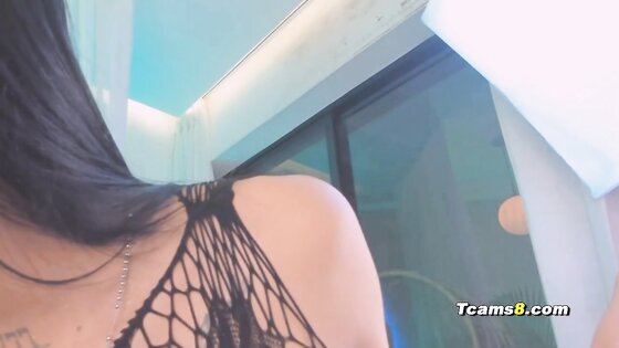 Hot latina trans jerks and sucking dildo