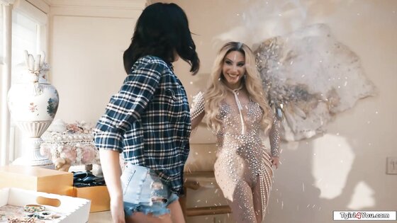 Busty tgirl fairy pops out of a diamond