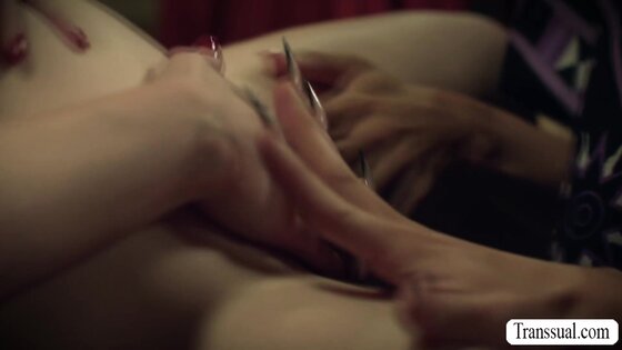 Busty witch summons two shemale and get fucked