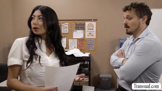 Slut secretary watches her TS boss jerking off