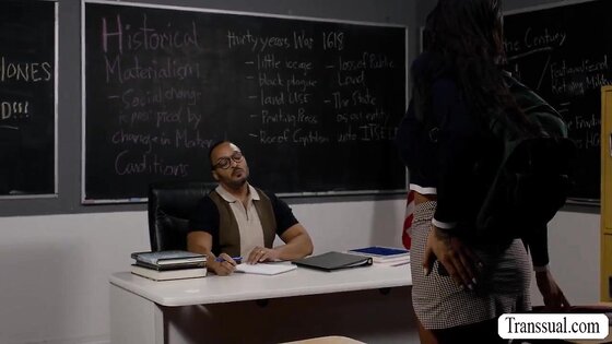 Busty TS gives teacher titjob for her grades
