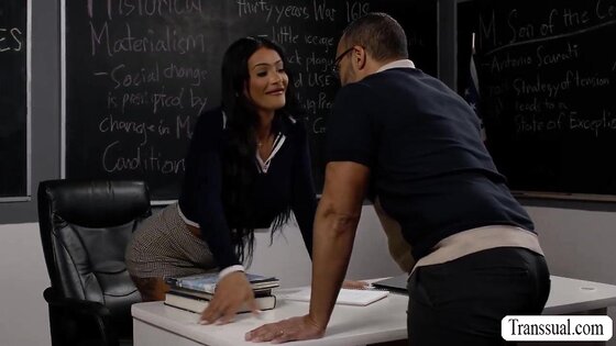 Busty TS gives teacher titjob for her grades