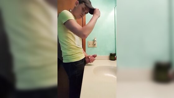 straight hunk with fat dick jerks off in bathroom