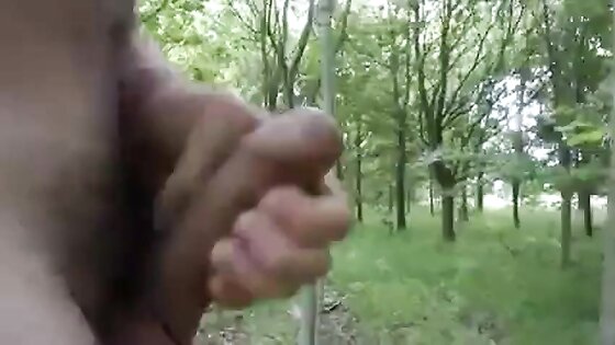 Naked cock play and cum in the sunny woods