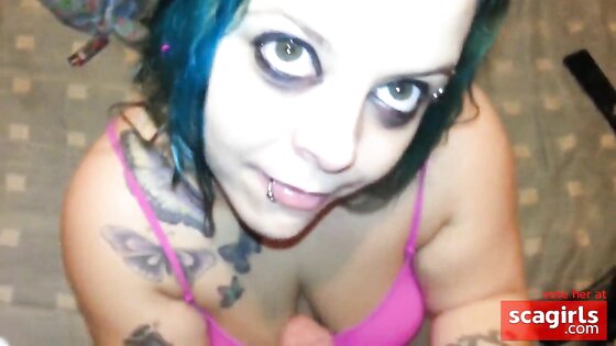 Blue haired babe deepthroats and swallows cum