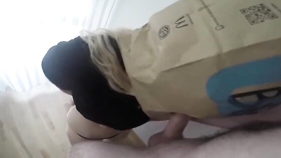 Dirty German girl blowjob with a McDonalds Paper Bag on head