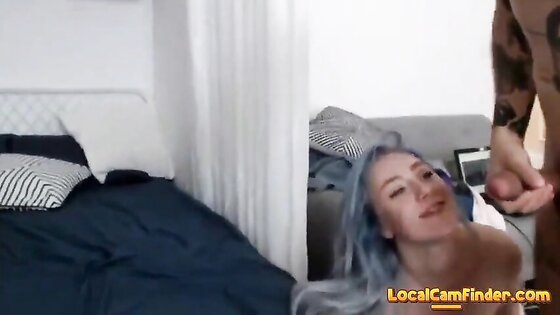 Blue haired cam girl sucks