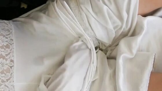 White nylon slip wank & cum