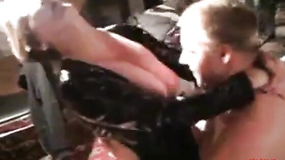 girl in latex gets fucked, cuckold hubby licks sperm