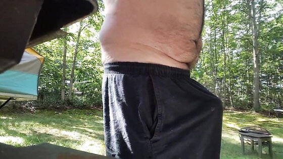 Jerking off outdoors in back yard cum shot public