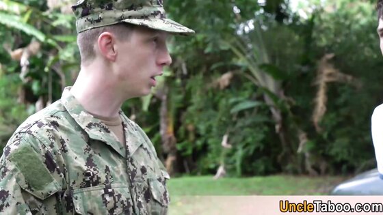 Teens trained by a big cocked soldier bareback outdoor