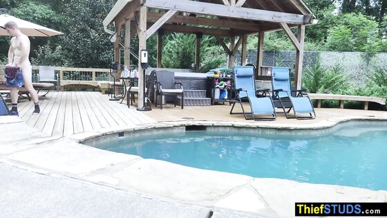 Security guard catching and fucking a teen perp in the pool