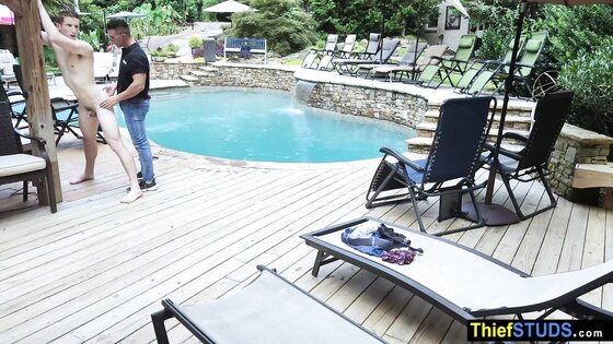 Security guard catching and fucking a teen perp in the pool