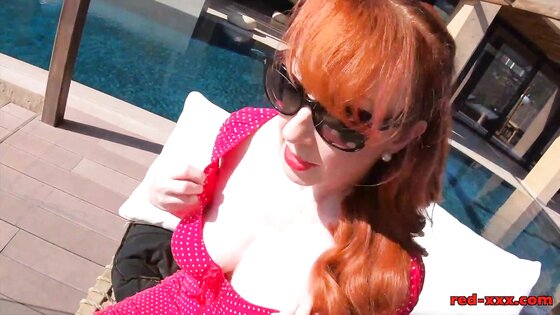 Big tit redhead mature Red XXX masturbates poolside