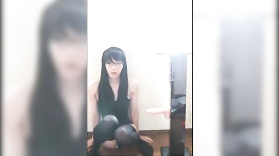 Cute Asian crossdresser cums on rubber cock 3