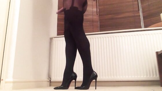 Black suspender pantyhose.