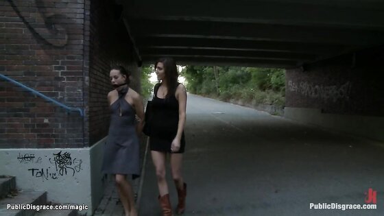 Blindfolded in leather fucked in public