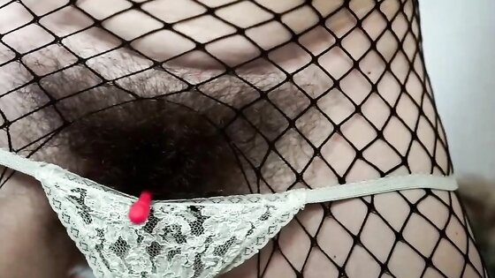 Babe with Hairy Bush Pussy Wearing Fishnet Stockings